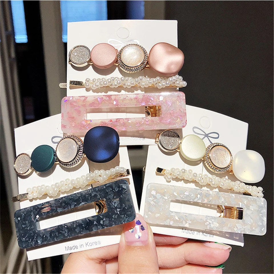 3pcs/Set Korean Acetate Hair Clips For Women Fashion Hair Accessories Jewelry Gift Girls Pearl Hairpins Geometric Gold Barrettes