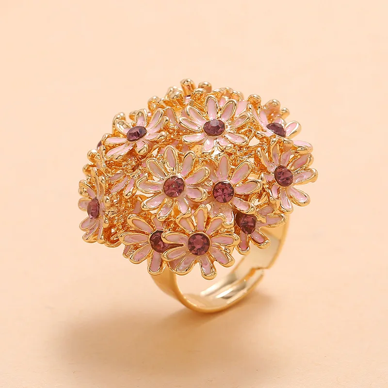 Romantic Pink Flower Rings for Women Bohemian Rhinestone Statement Ring Adjustable Female Bridal Wedding Beach Party Jewelry