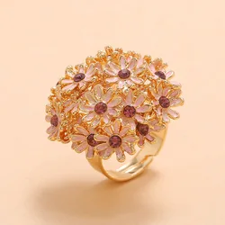 Romantic Pink Flower Rings for Women Bohemian Rhinestone Statement Ring Adjustable Female Bridal Wedding Beach Party Jewelry