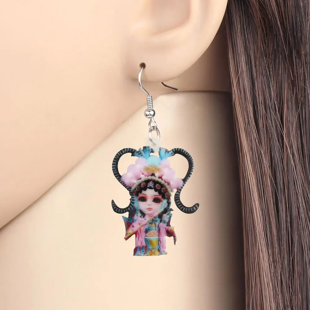 Bonsny Acrylic Chinese Beijing Opera Earrings Printing Big Dangle Drop Jewellery For Women Girls Fashion Party Gift Decoration