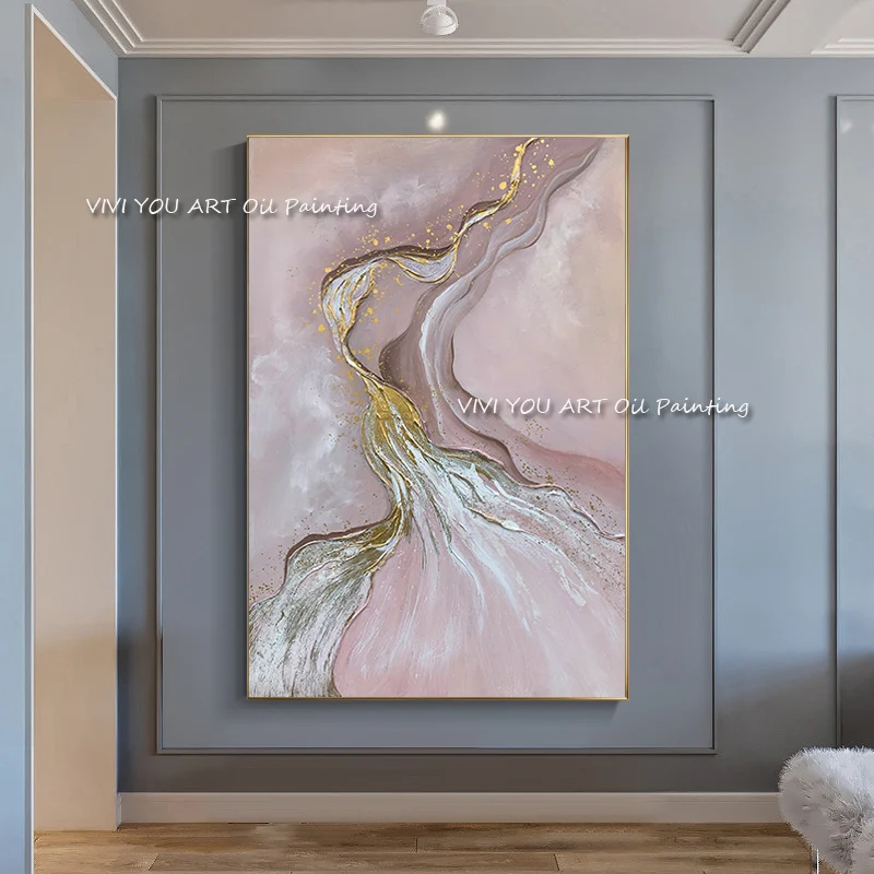 

Abstract Pink Gold Foil Oil Painting 100% Handmade On Canvas Beautiful Wall Art Painting Picture For Bedroom Home Decoration