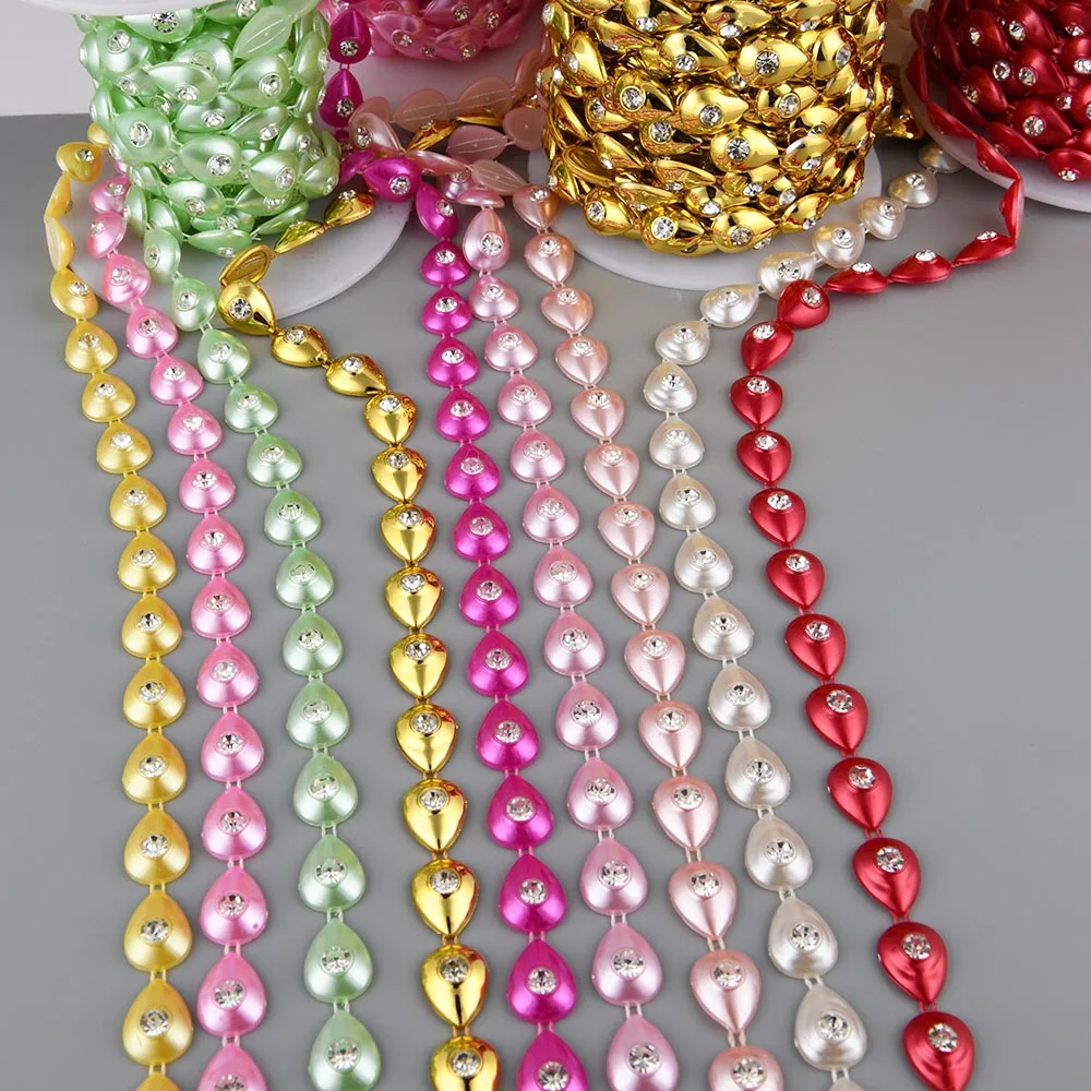 1Yards 12mm Width ABS Flatback Imitation Pearl Water Drop with 5mm Round Rhinestone Chain Sewing Trim Wedding Cake Decoration