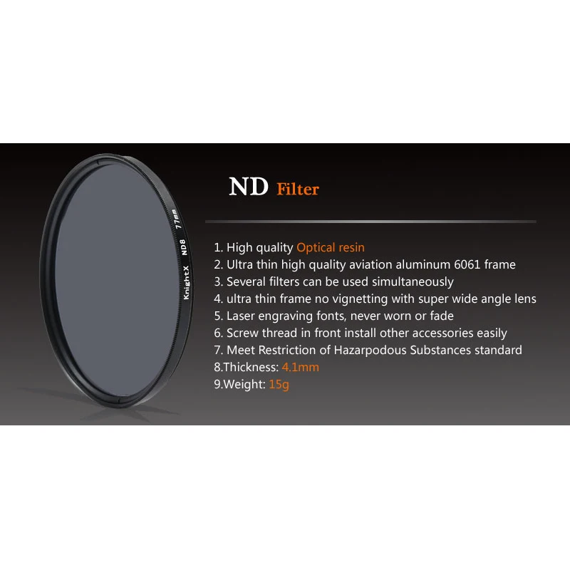 KnightX ND FILTER ND4 ND8 ND16 For canon nikon d80 700d light d5100 60d Camera Lens 49mm 52mm 55mm 58mm 62mm 67mm 72mm 77mm