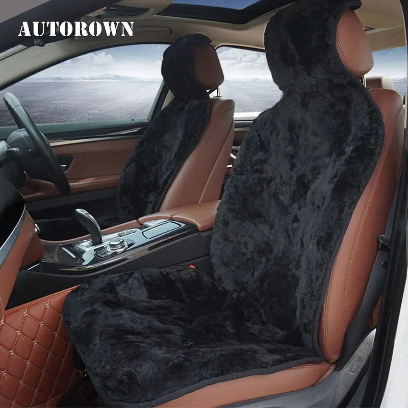 AUTOROWN Black Car Seat Cover 100% Natural Australian Sheepskin Universal Size Winter Car Seat Cushion Auto Interior Accessories