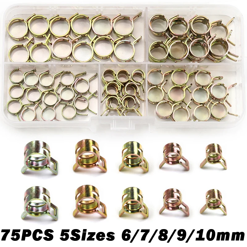 75PCS 6/7/8/9/10mm Spring Clip Hose Clamp Fastener Fuel Line Hose Water Pipe Air Tube Car Plumbing Fastener Assortment Kit