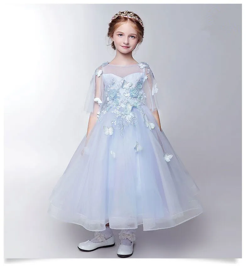 

Blue Lace Appliques Girl Elegant Princess Dress Flower Girl Party Dresses For Birthday Kids Long Gown Wedding Birthday Costumes