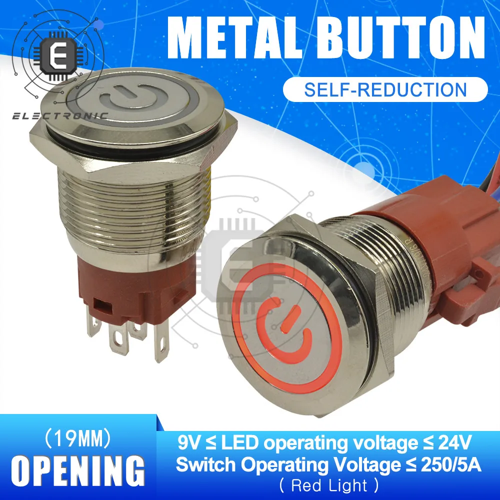 Open Hole 19MM Metal Push Button Switch 250V/5A Flat Round, High Flat Round, Spherical, Terminal, Self-Reset With Power Symbol