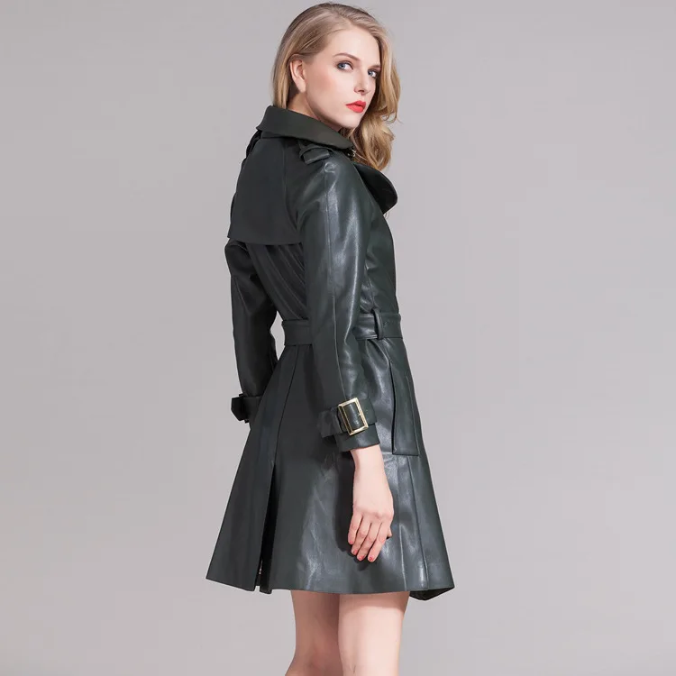 

New Autumn Winter Leather Jacket Women European Mid-Long Faux Leather Jacket Elegant Double Breasted Coats LX361