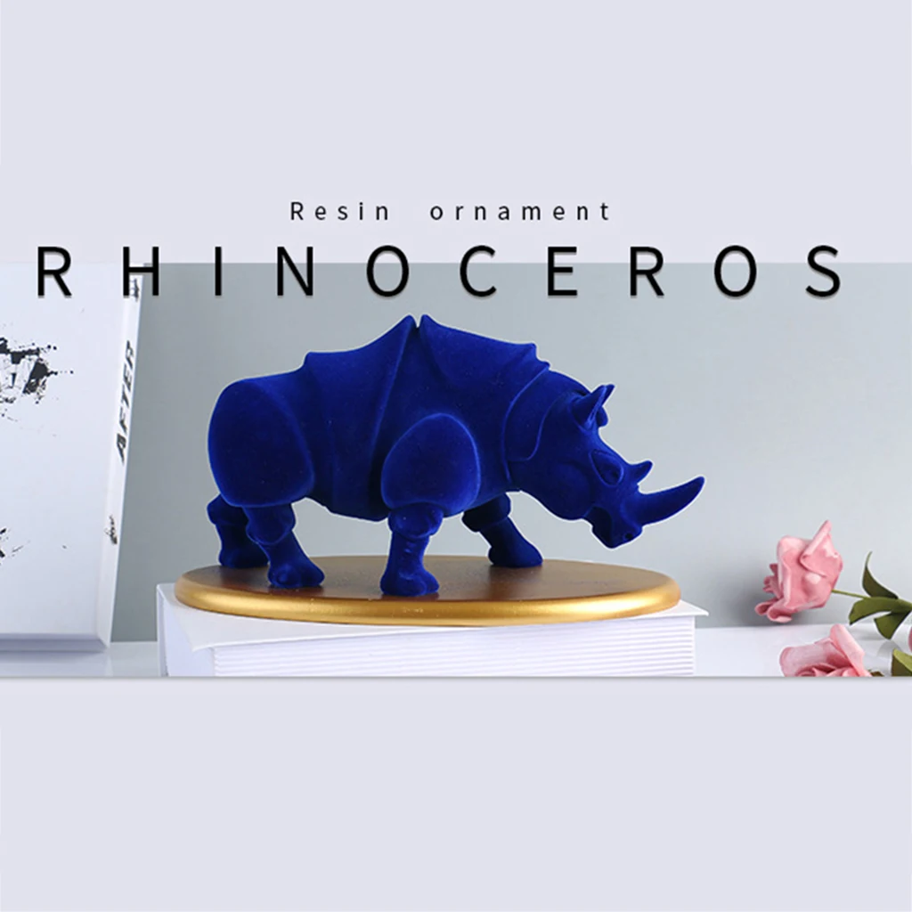 Rhinocero Statues Figurine Velvet Resin Animal Sculptures with Stand for Home Office Bookshelf Decoration Ornament Gifts