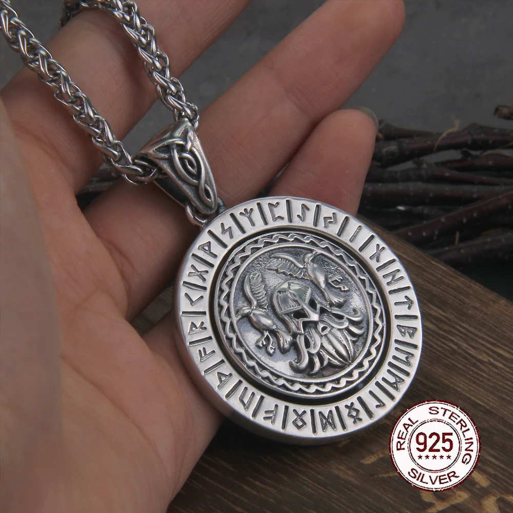 Real 925 Sterling Silver Zeus and Rune rotating Viking Pendant necklace with chain and wooden box as gift