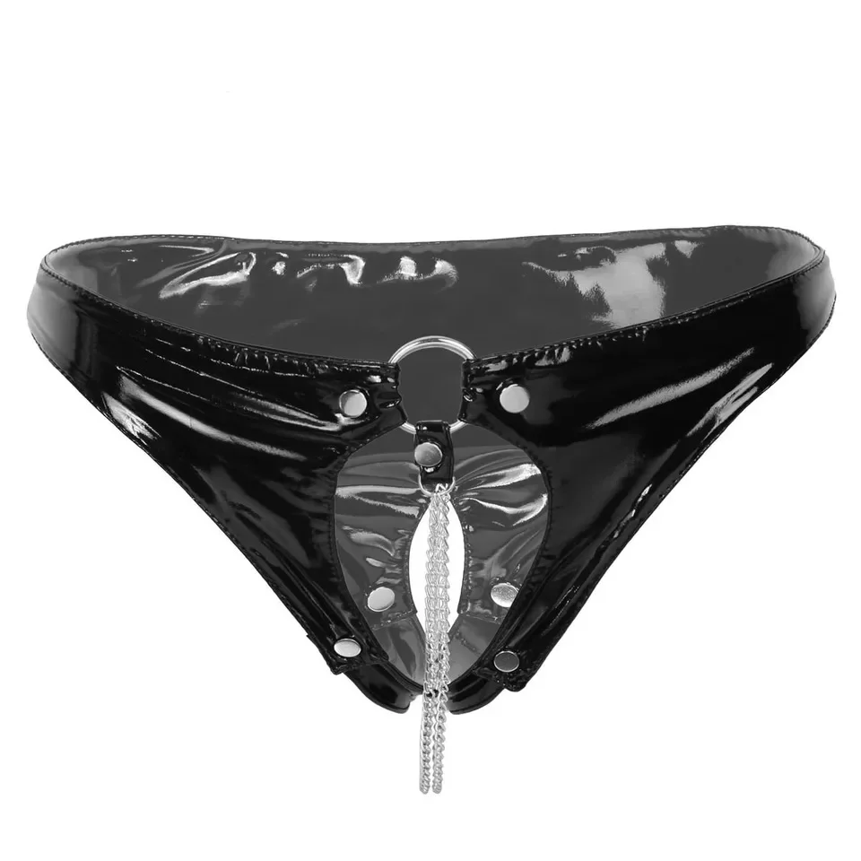 Women Sexy Opening Crotch Leather Shorts For Sex Erotic Porn Below Crotchless Underwear With Chain Glossy Latex Mini Hot Pants