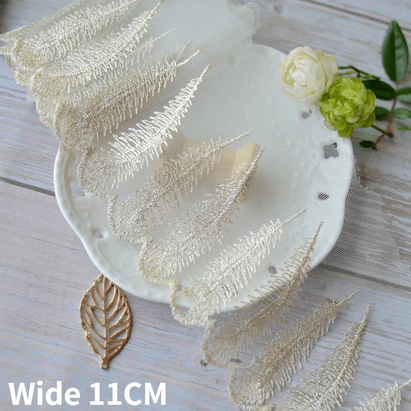 11CM Wide Luxury White Tulle Golden Feathers Mesh Lace Fabric Embroidery Fringe Ribbon Wedding Dress Head Veil DIY Sewing Decor