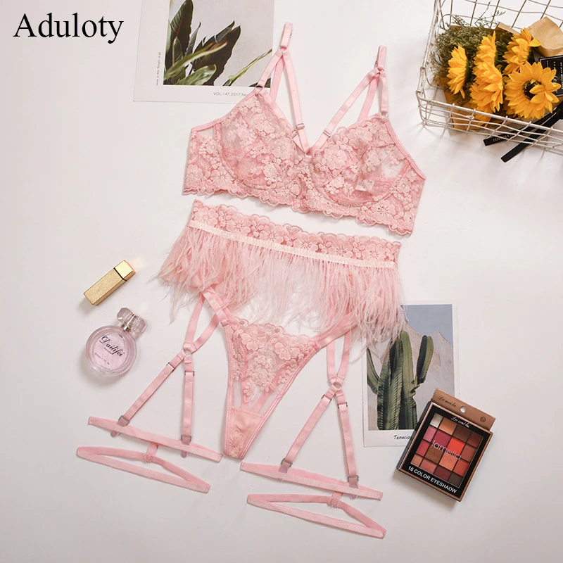 Conjunto de ropa interior de encaje y costura de plumas para mujer, Liga sexy, bordado de flores de malla, Conjunto de sujetador, Tanga, lencería sexy, nuevo