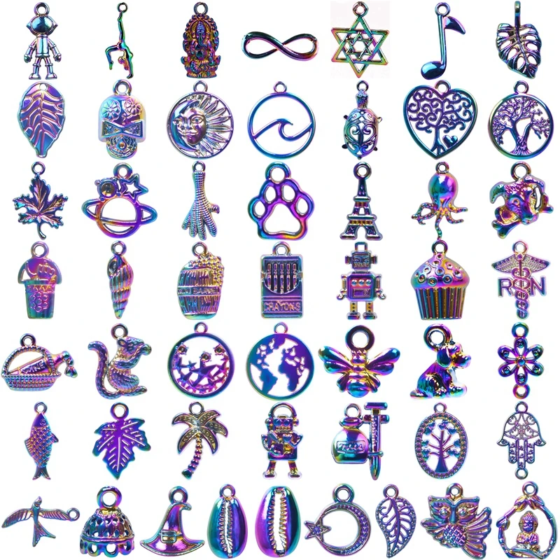 50pcs Mixed Rainbow Charms For Jewelry Making Supplies Animal Moon Pentagram Pendants Women Men Accessories DIY Alloy Materials