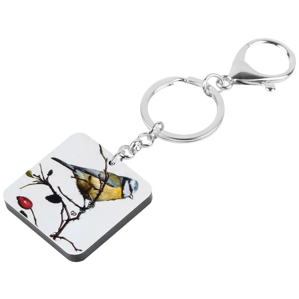 WEVENI Acrylic Square Parus Major Bird Keychains Lovely Animal Key Ring Jewelry For Teens Friends Girls Classic Gift Car Charms