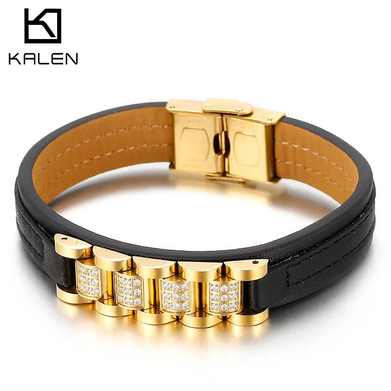 Kalen Bicycle Chain Leather Men\'s Punk Style Bracelet Zircon Decoration Jewelry Charm