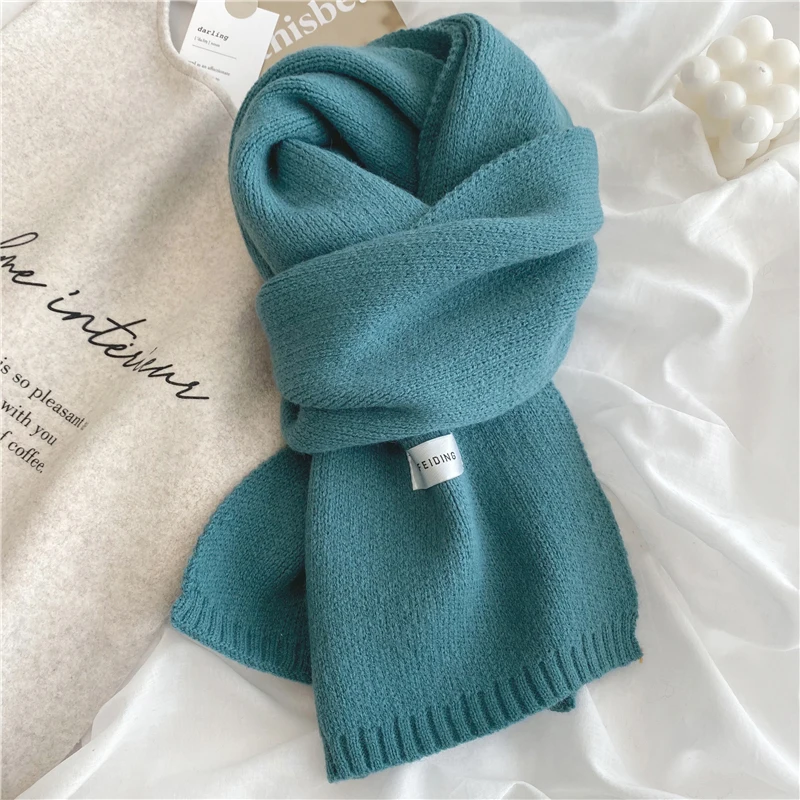 Luna&Dolphin Women Autumn Winter Solid Color Scarf Slim Neckerchief Soft Brown White Warm Knitted Woolen Ins Neck Pashmina Shawl