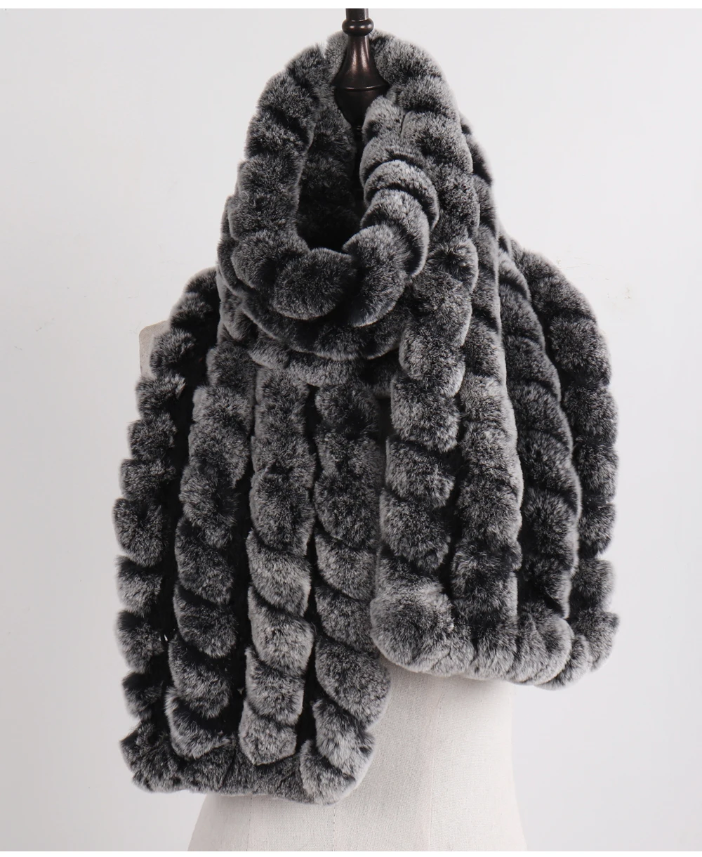 Neue Marke Gestrickter Modischer Damen Echt Rex Kaninchenfell Schal Frauen Winter Warmer Natürlicher Pelzschal Langer Stil Echter Pelz Halswärmer – Detail 5