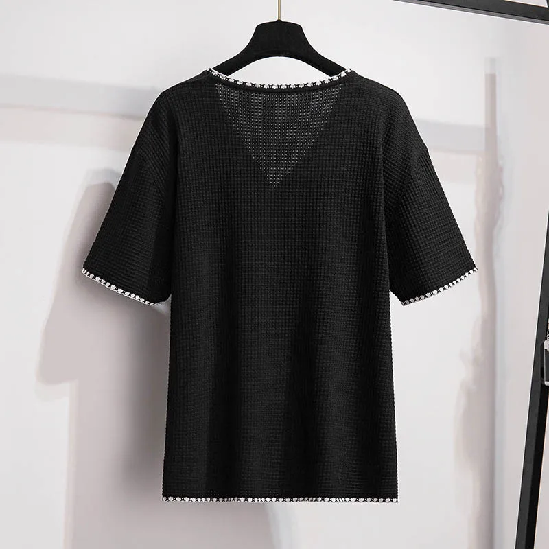 165Kg Plus Size Women\'s Summer Small Fragrance Knit Top Bust 160cm 6XL 7XL 8XL 9XL 10XL Loose Short Sleeve Cardigan T-shirt