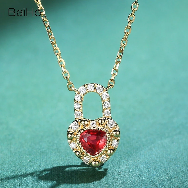 

BAIHE Solid 18k Yellow Gold 0.20ct Heart Natural Ruby 0.09ct H/SI Diamonds Women Fine Jewelry Heart Lock Pendant Gift Necklace