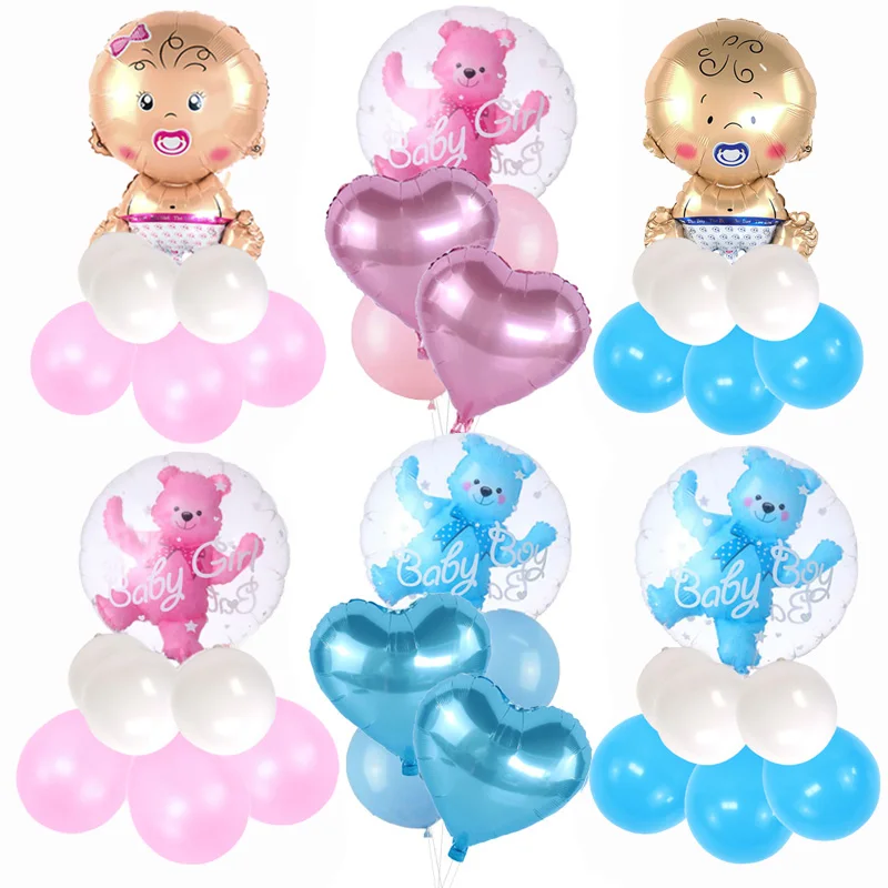 Balões de urso e coração, rosa e azul, festa de bebê, bolas de aniversário, brinquedos de gênero, decoração, menino e menina