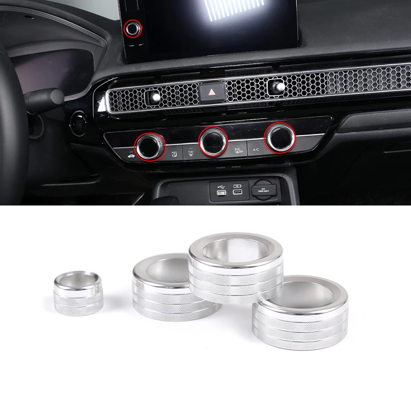 

For Honda Civic 2022 Aluminum Alloy Silver/Red Car Central Control Air Conditioner Volume Knob Cover Trim Ring Auto Accessories