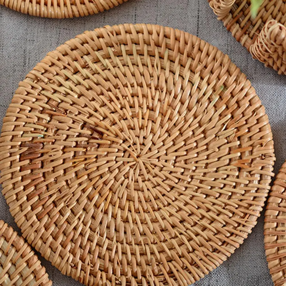 Tea Mat Heat Insulation Table Mats Handmade Rattan Plate Coaster Placemat Bowl Mat Kitchen Cup Pad Kitchen Accessory Table Decor