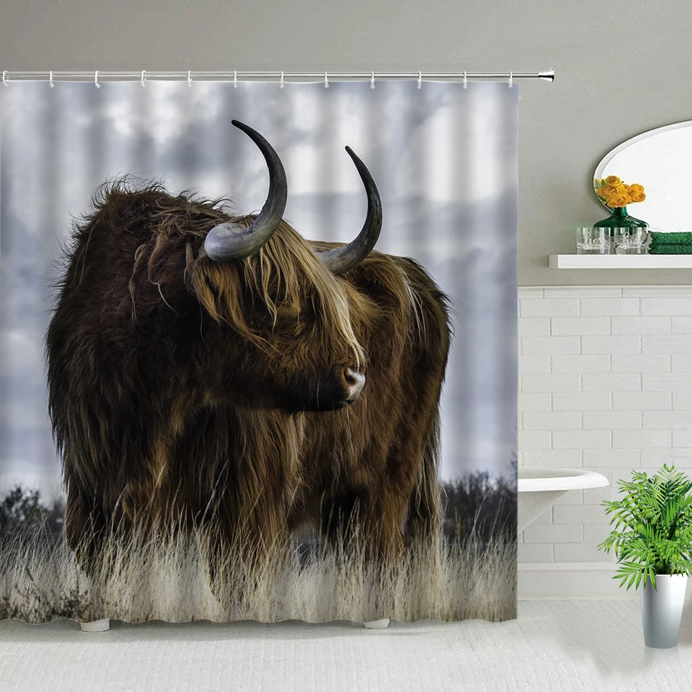 Highland Cow Animal Shower Curtains Zebra Tiger Lion Deer Rhinoceros Bath Screen Waterproof Fabric Bathroom Curtain With Hooks