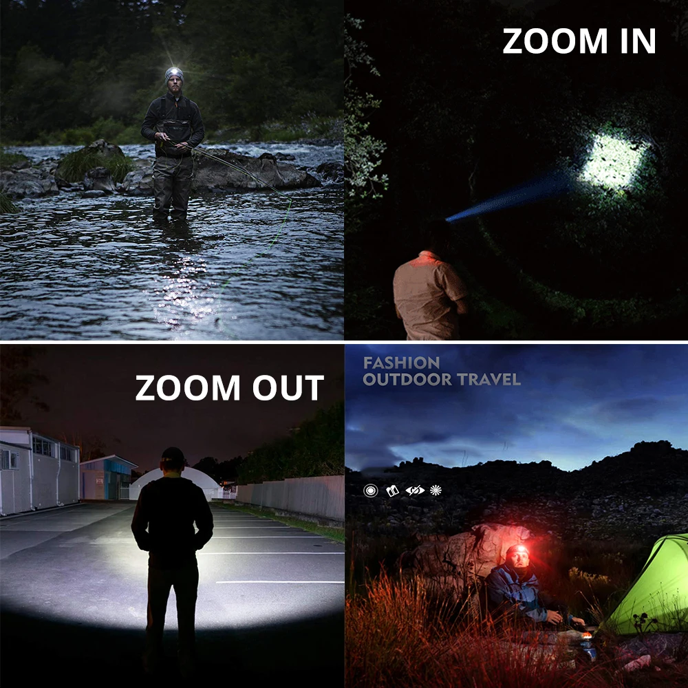 Rechargeable LED Headlamp With IR sensor switch 6 lighting modes waterproof Headlight Rotating zoom head With battery display