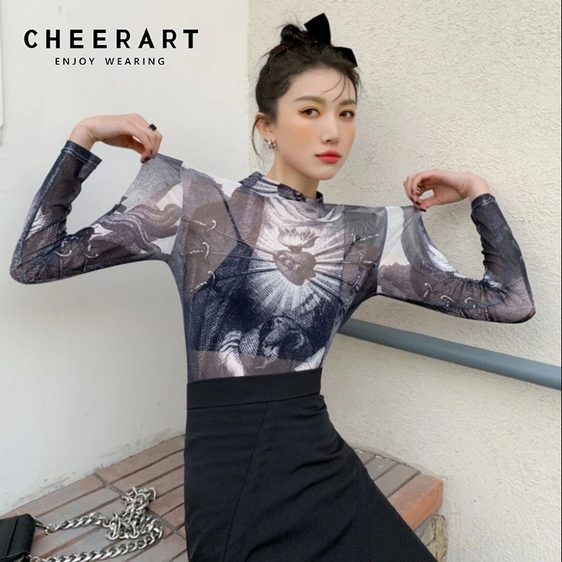 CHEERART Goth Mesh Top Women 2021 Trend Fashion Graphic T Shirts Long Sleeve Turtleneck See Through Tshirts Gothic Clothes