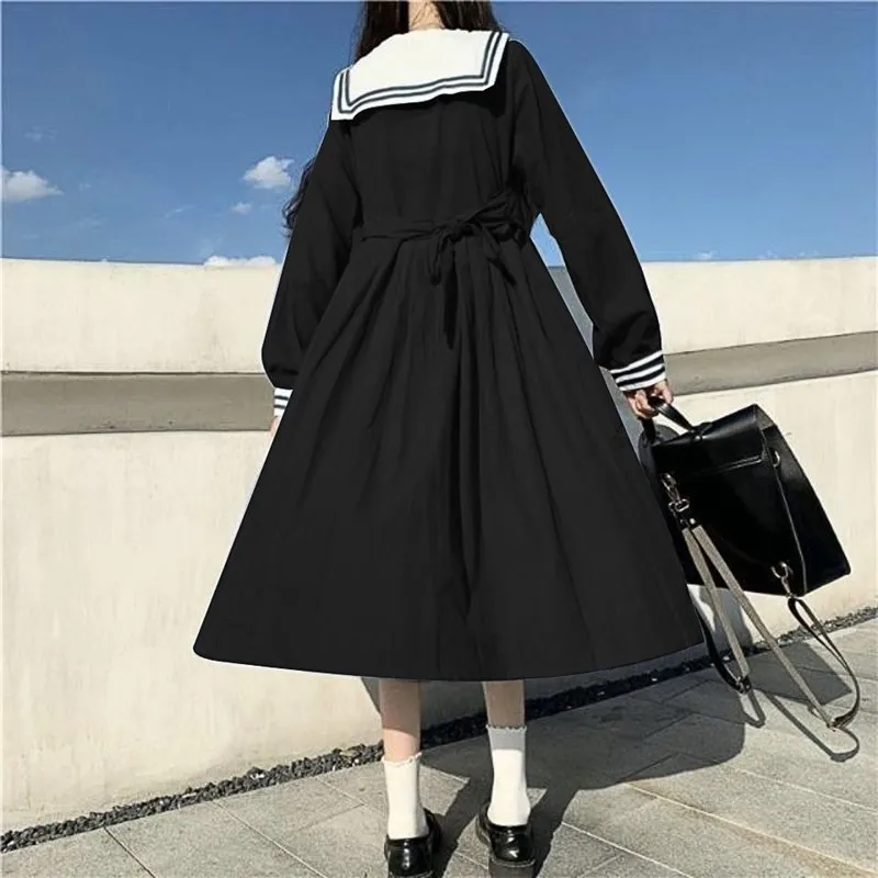 Uniforme escolar Jk auténtico de estilo japonés para mujer, traje negro de manga larga con cuello azul marino y lazo, moda, vestidos plegables