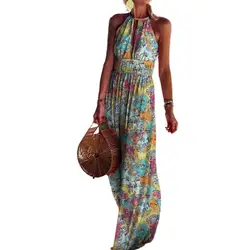 Letnia czeska damska sukienka bez rękawów Backless Vintage z tkaniny tureckiej w kwiaty nadruk Halter Maxi sukienka Streetwear sukienki plażowe