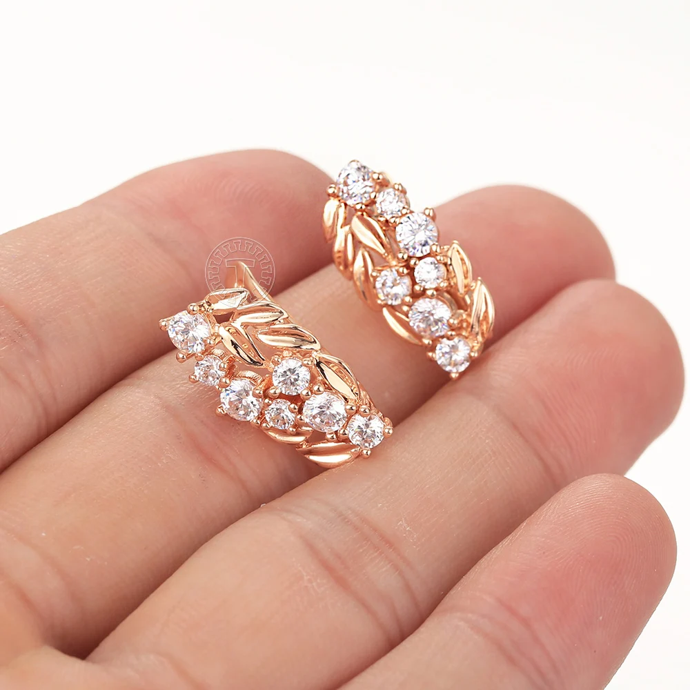 Elegant Trend 585 Rose Gold Color White Cubic Zircon Leaves Drop Earrings for Women Girls Full Clear Crystal Stone Jewelry GE321