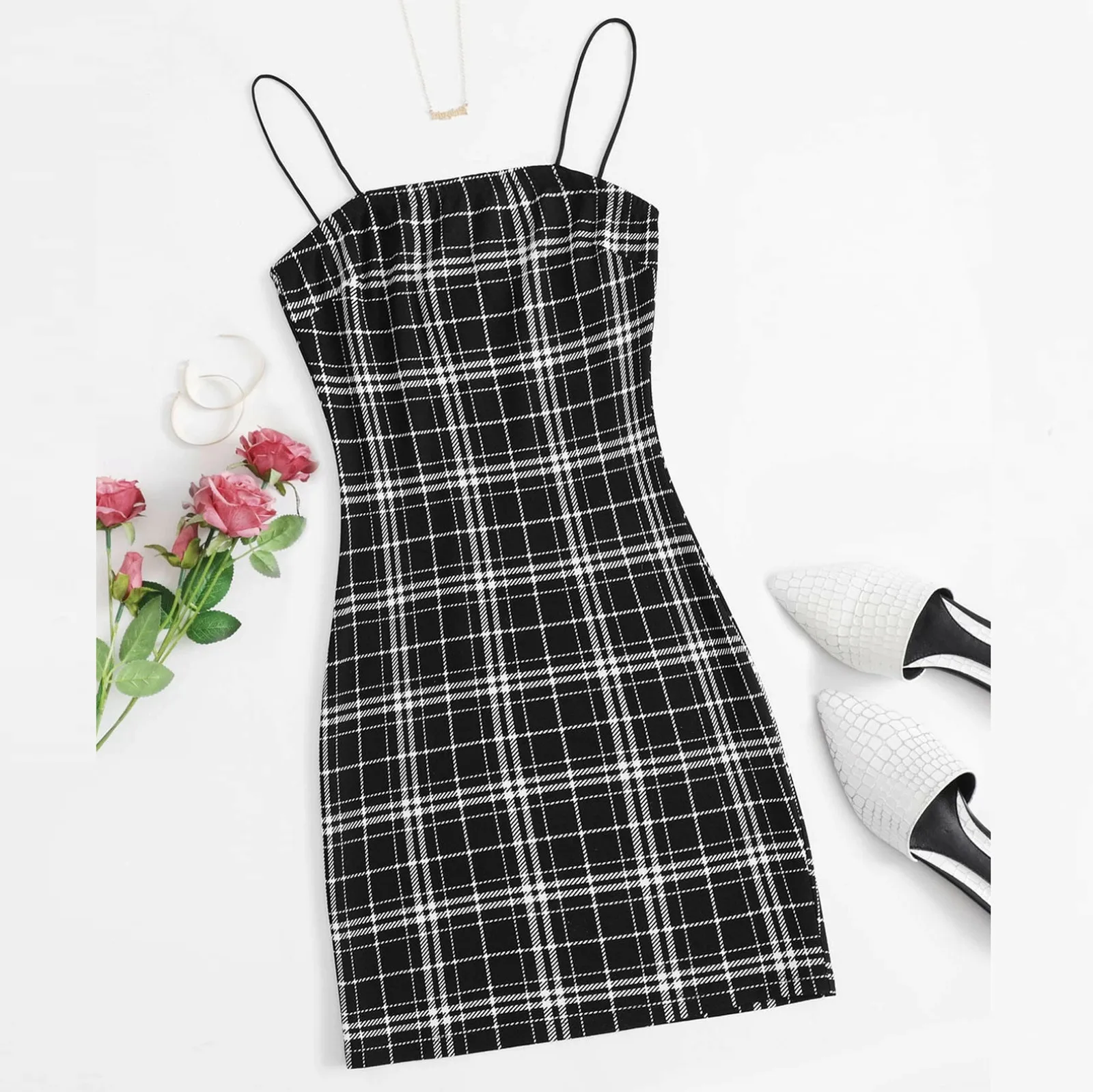 Vestdios 2021Tops Women's Sleeveless Plaid Print Slip Dress Sling Dress Mini Cami Dress