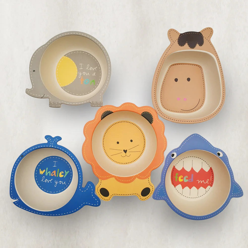 Baby Kids Natural Bamboo Fiber Bowls Cute Cartoon Animal Dishes Baby Feeding Tableware Children Infant Toddler Portable Plates