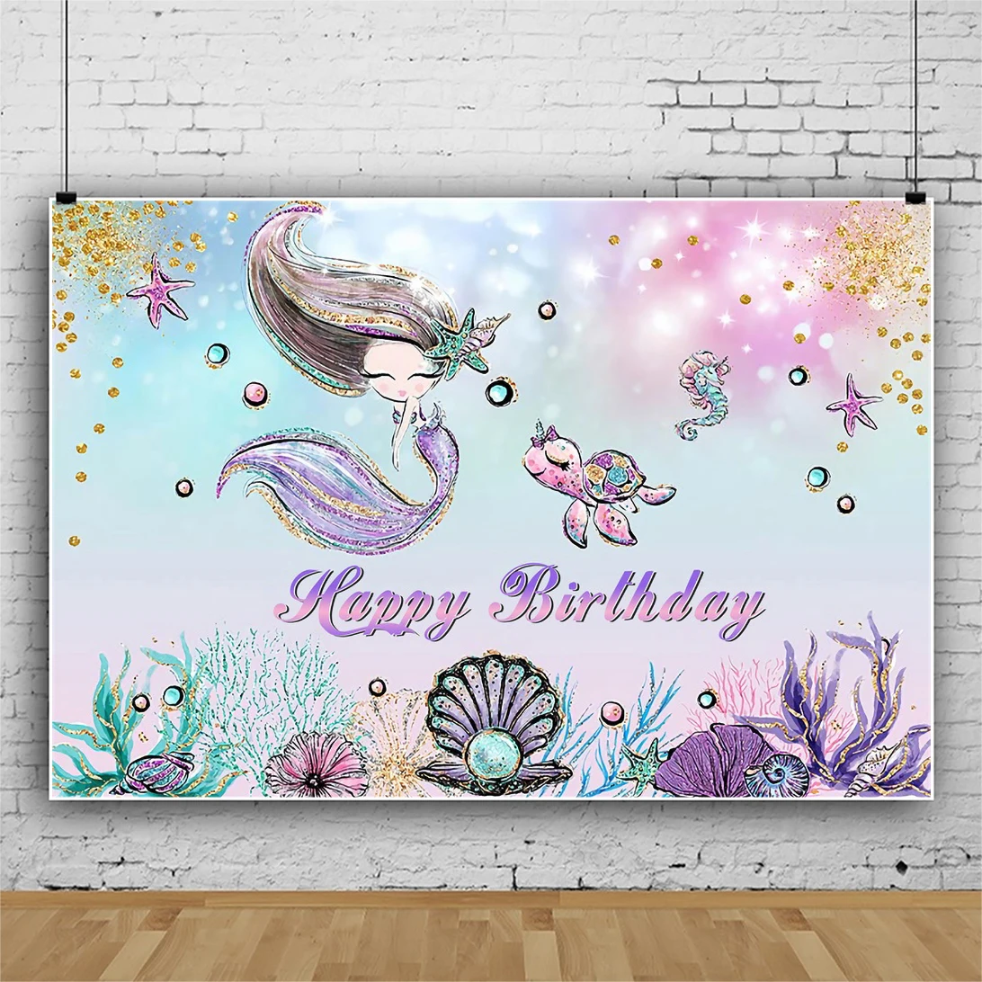 Laeacco Mermaid Fish Background For Photography Baby Birthday Party Pearl Shell Coral Customized Poster Portrait Pohot Backdrops