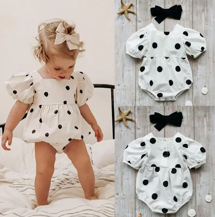 

Summer Infant Baby Girls Short Sleeve Romper Bow Headband Polka Dot Printing Sweet Style Bodysuits Baby Clothing