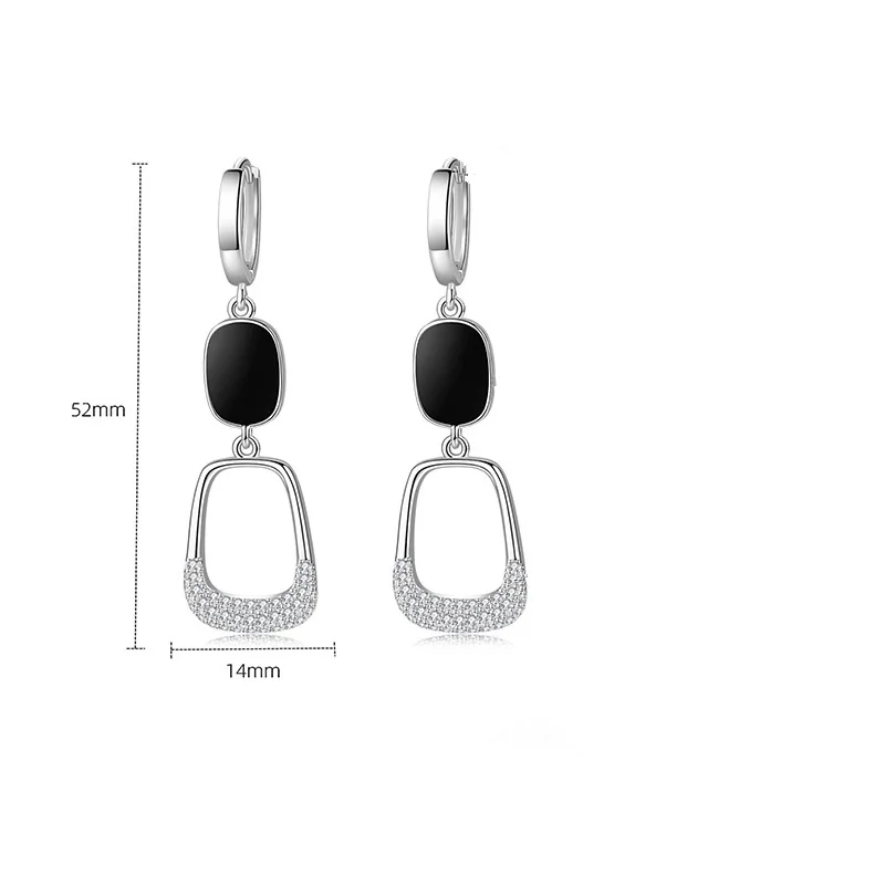 Trendy 925 Sterling Silver Earrings Women Long Accessories On Ear Personality Zircon Black Square Drop Earrings Female Bijou Hot