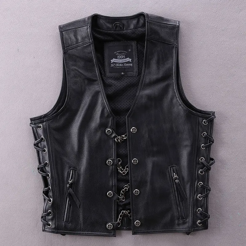 

5 days arrival,Genuine Leather Motorcycle Vest Cowhide Chain Decoration Short Youth Vest Locomotive Black Sleeveless Jacket