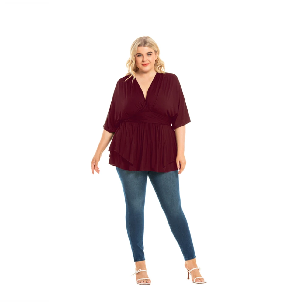 2021 New Hot Sale European And American Style Plus Size V-Neck Half Sleeve Solid Color Loose Shirt For Women