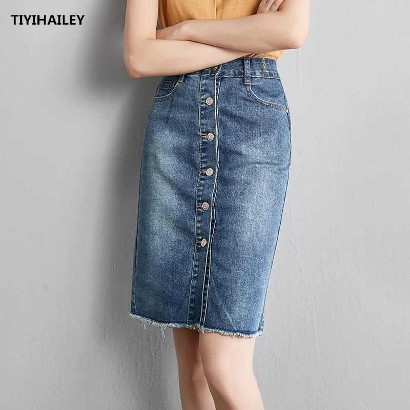 TIYIHAILEY Free Shipping Fashion Knee Length Denim Skirt S-XL Female Summer Slim Hip Pencil Skirts Women Single Breasted