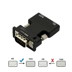 Convertidor hembra a VGA macho compatible con HDMI, adaptador de Cable de Audio de 3,5mm, salida de vídeo FHD de 1080P para PC, portátil, Monitor de TV y proyector