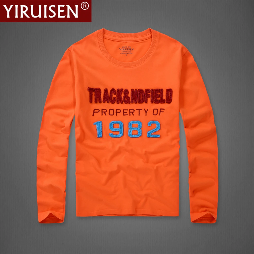 YiRuiSen High Quality 100% Cotton Mens Long Sleeve TShirt Embroidery Soft Male Clothing O-Neck Breathable Comfortable Casual Tee