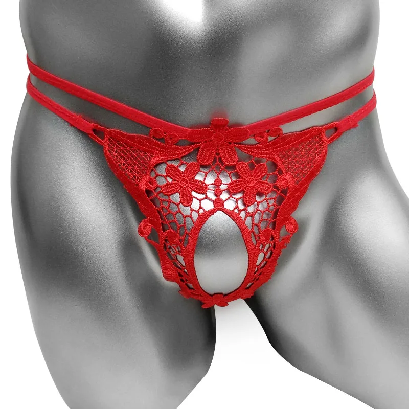 Hot Men Lingerie G-String Bikini Underwear with Penis Holes Gay Male Thong Cute Lace Sissy Panties Underpants