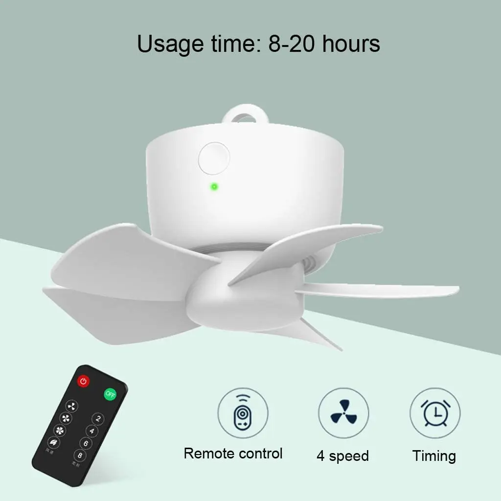 USB Rechargeable Remote Control Timing 4 Gears Ceiling Fan with Hanging Hook for Tent, 8000mAh White Camping Fan