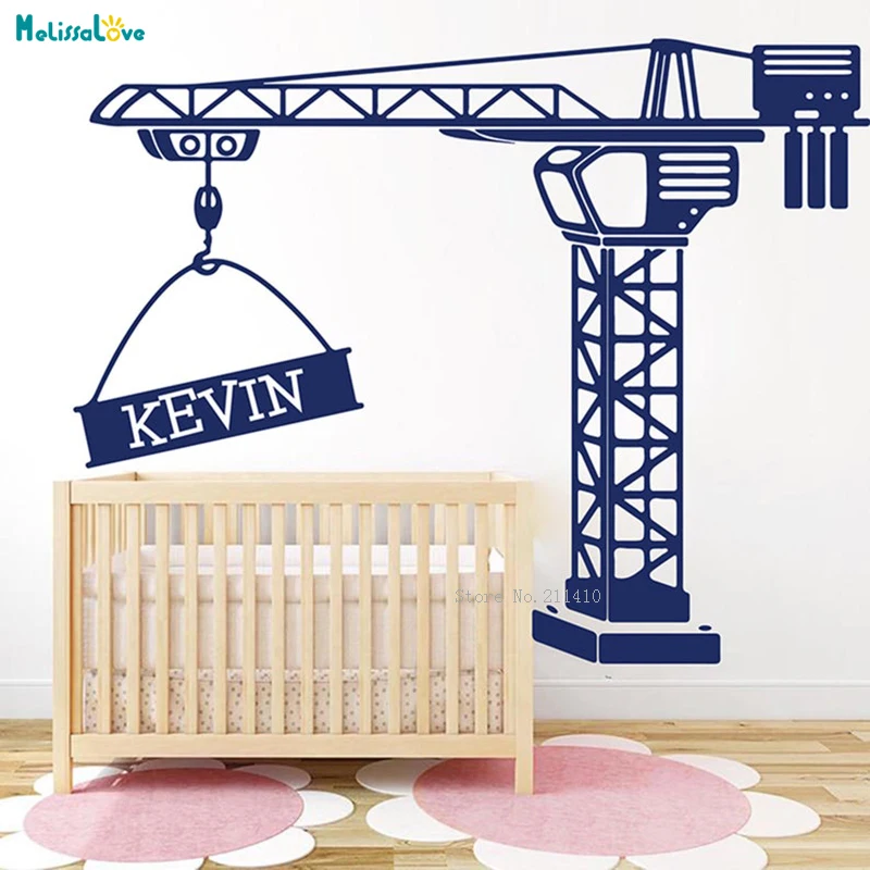 Large Custom Name Construction Tower Crane Wall Decals Personalized Truck Vinyl Cute Sticker for Kid Boys Unique Gift YT2827