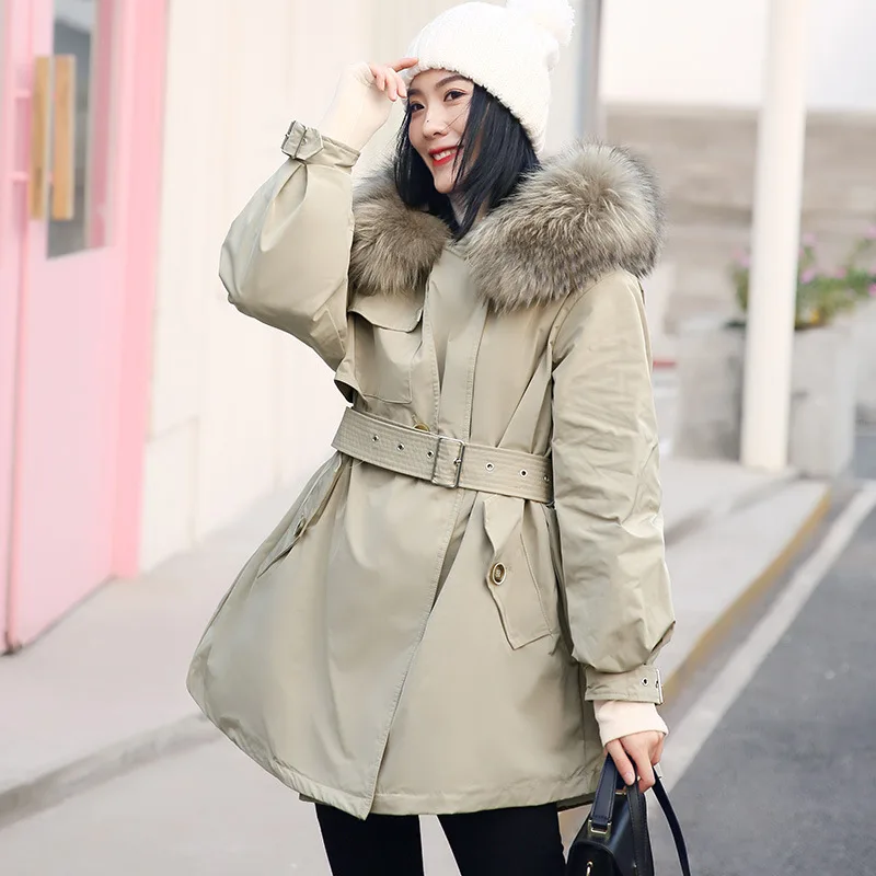 Lange Große Fuchs Pelz Haube Puffer Jacke Frauen Ente Unten Gepolsterte Mäntel Winter Büro Dame Schlank Fashion Unten Parkas Oberbekleidung JK-890