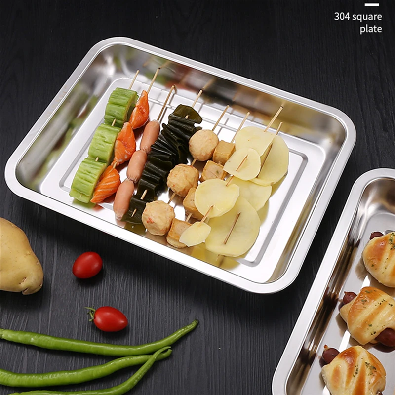 Stainless Steel Barbecue Trays Pastry Cake Dessert Baking Pan Fruit Snack Storage Plate Food Container Kitchen Organizer Dish