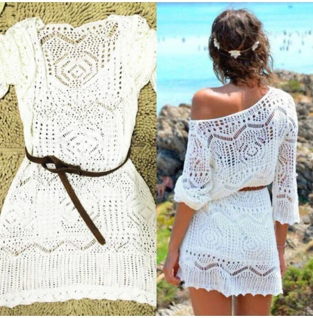 

New Seaside Swim dress Sexy Women Lace Blouses Crochet Bikini Cover Up Swimwear Bathing Suit Summer Half Sleeve Beach Dress