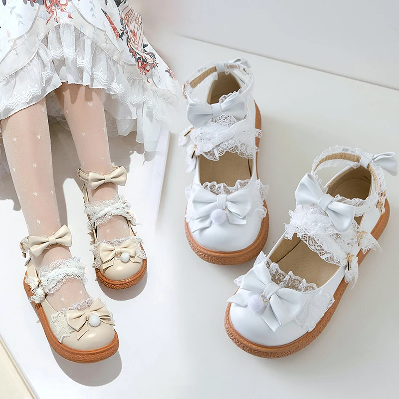 Spring White Lolita Shoes Bow Mary Janes Shoes for Women Cute Lace Flat Shoes Ballerina Ladies Foowear Pink Cosplay Size 31-43